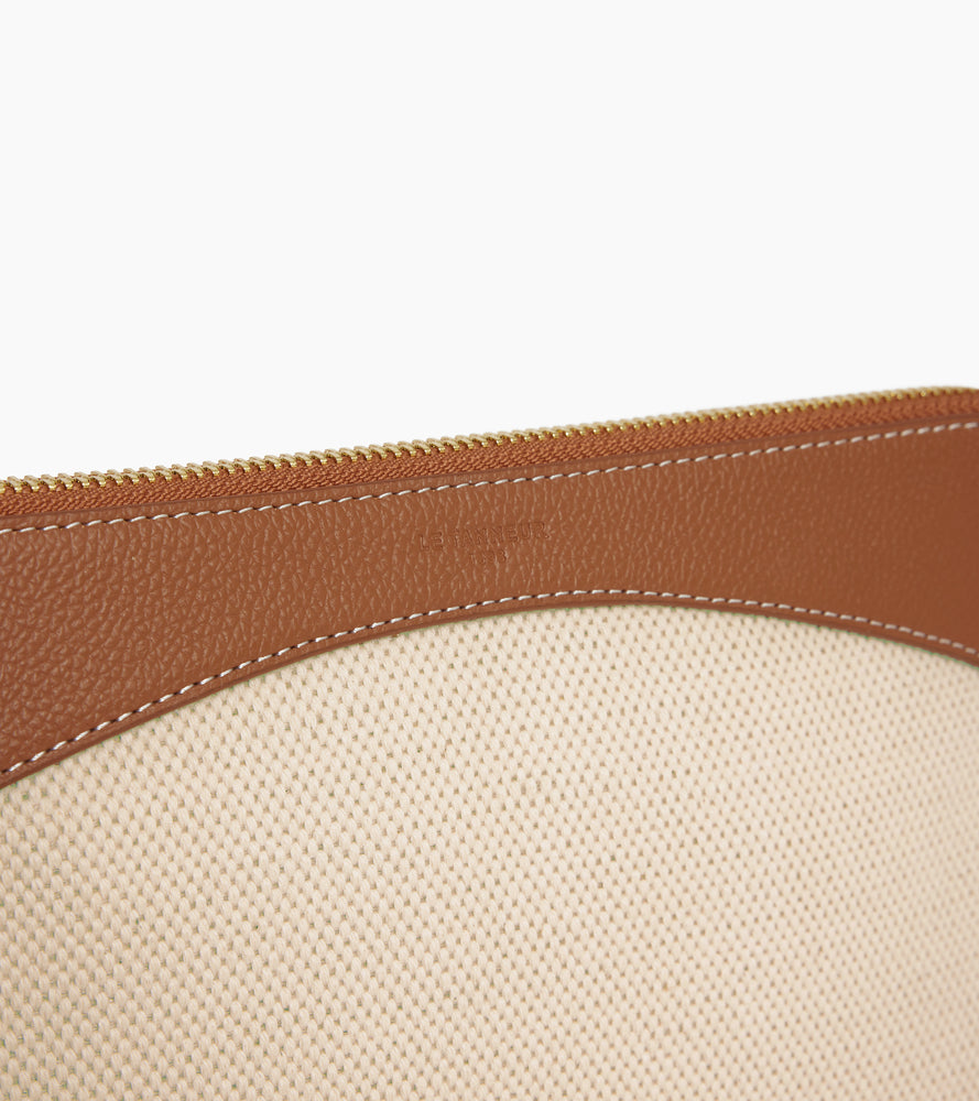 Pochette zippée en toile coton et cuir grainé